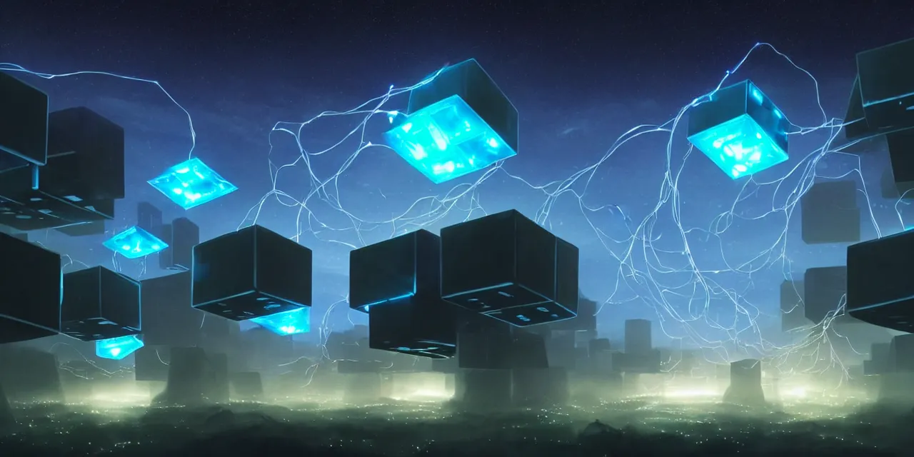 Image similar to a fleet of giant glowing futuristic cubes tied to each other with lots of glowing wires in the sky, thick glowing wires, light rays bouncing between cubes, a fantasy magical landscape seen in the distance, atmospheric lighting, intricate, volumetric lighting, beautiful, sharp focus, ultra detailed, in the art style of marc simonetti, bowater charlie and brom gerald, astrophotography