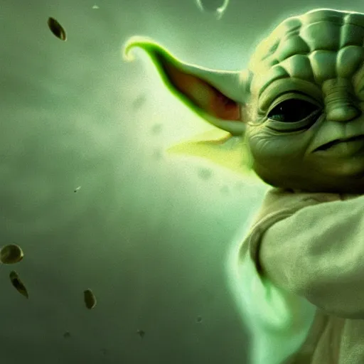 Image similar to stunning awe inspiring yoda swimming under water towards a dollar bill, movie still 8 k hdr atmospheric lighting