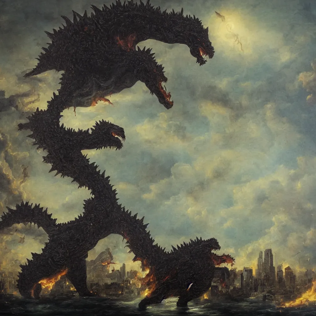 Prompt: neoclassical oil painting of godzilla destroying a city