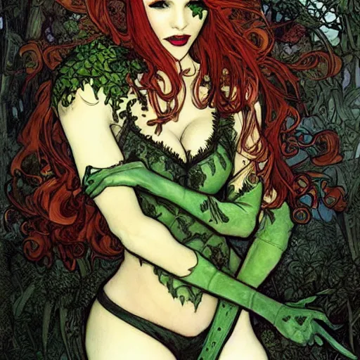 Prompt: a beautiful painting of poison ivy dressed as a goth teenager, leather armored, dark eyeliner, intricate, elegant, highly detailed, digital painting, artstation, concept art, matte, sharp focus, illustration, art byby rebecca guay and by arthur rackham and by alphonse mucha and by john william waterhouse, comic book style!!