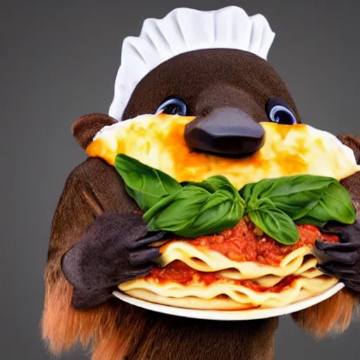 Image similar to platypus wearing a chef hat while holding a lasagna with three basil leaves over the lasagna