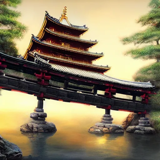 Image similar to brother grimms samurai temple bridge digital art, irina french, heraldo ortega, mandy jurgens golden ratio, art canvas, award winning, masterpiece, trending on artstation, 8 k 1 5 0 mpx