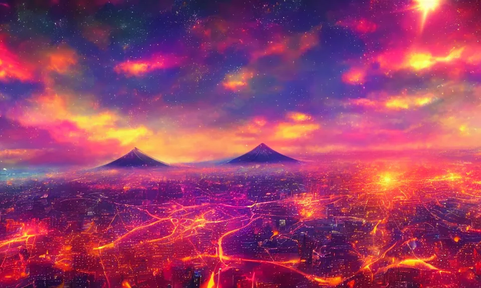 Image similar to a colorful glowing heavenly japanese city, sunset, stars, particles, pastel, artstation, digital art.