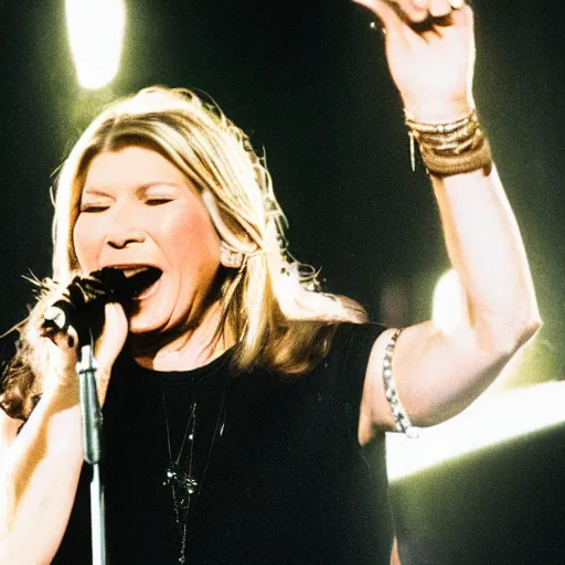 Image similar to detailed concert photograph of Martha Stewart singing in a speed metal band