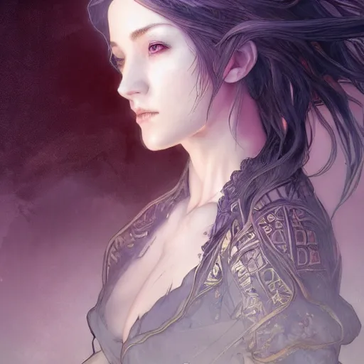 Image similar to breathtaking epic fantasy comic book style portrait of a sensual female sorceress, castle setting, horror movie lightning, intricate, elegant, highly detailed, digital painting, artstation, concept art, matte, sharp focus, illustration, art by Artgerm and Hsiao-Ron Cheng and Alphonse Mucha, extremely moody lighting, hyperrealistic, octane render, RPG portrait, ambient light, dynamic lighting