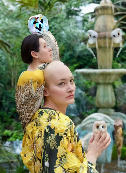 Image similar to head to shoulder portrait film photograph of an elegant top model wearing a yellow kimono with a very detailed barn owl on her shoulder!!! in a tropical greenhouse. looking at the camera!!. slight smile. super resolution. Extremely detailed. sitting inside a fountain. by Jody Rogac.