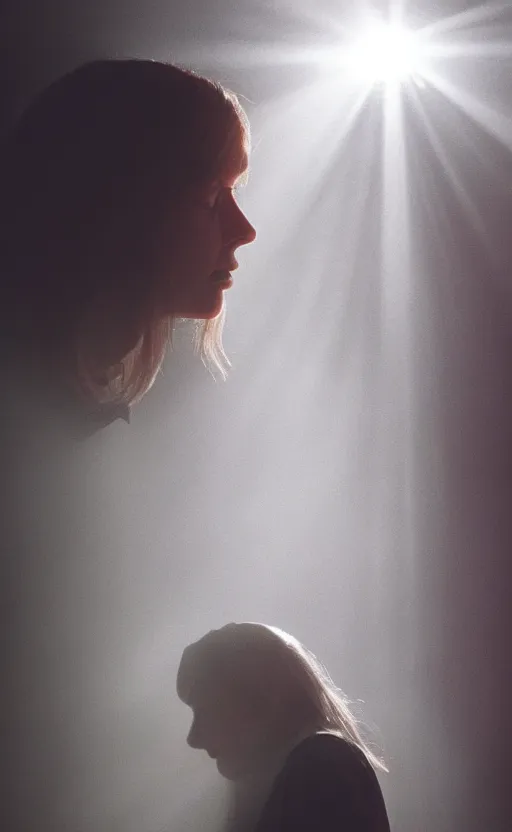 Image similar to sunlight study photography of emily skinner, looking like annie leonhart, standing next to a window illuminating her with god rays, volumetric fog, smoke, depth of field