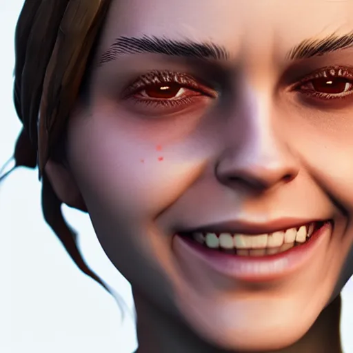 Image similar to textured film grain small eyes subsurface scattering fashion model face smiling laughing squinting emma watson as a fortnite character cgsociety octane render unreal engine redshift render trending on artstation trending on artstation render blender behance cg superhero