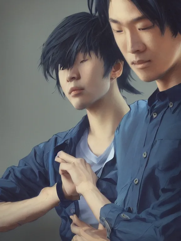 Image similar to photo of takahashi ryosuke wearing dark blue shirt, hyper detailed, digital art, trending in artstation, cinematic lighting, studio quality, smooth render, unreal engine 5 rendered, octane rendered, concept art, smooth, sharp focus, illustration, art by artgerm and greg rutkowski and alphonse mucha and wlop and krenz cushart