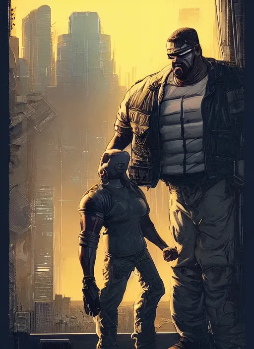 Prompt: Dumb Bubba. Buff cyberpunk meathead trying to intimidate a hacker. Large man looms over smaller figure. Realistic Proportions. Concept art by James Gurney and Laurie Greasley. Moody Industrial skyline. ArtstationHQ. Creative character design for cyberpunk 2077.