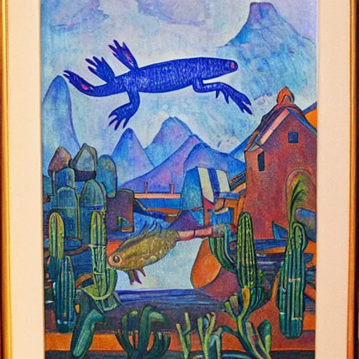 Image similar to axolotl swimming in a river with a quaint mexican village in the background painted by diego rivera