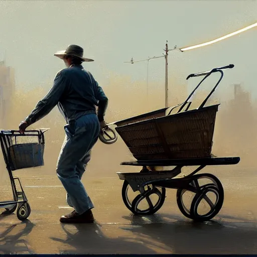 Image similar to a man drags a cart, hyperrealism, no blur, 4 k resolution, ultra detailed, style of ron cobb, adolf hiremy - hirschl, syd mead, ismail inceoglu, rene margitte