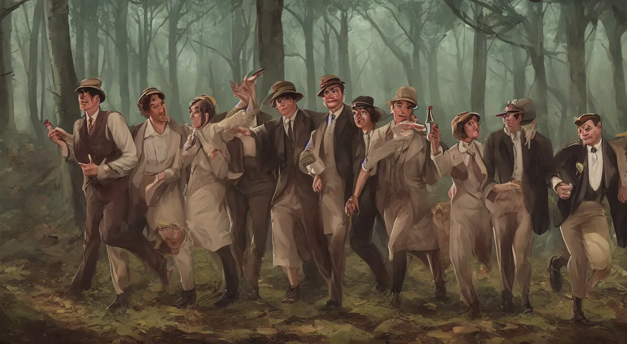 Image similar to A group of people in 1920s clothing smuggling alcohol through the woods, hiding from the law, running from the authorities, dirty and sweaty, hyperdetailed, artstation, cgsociety, 8k