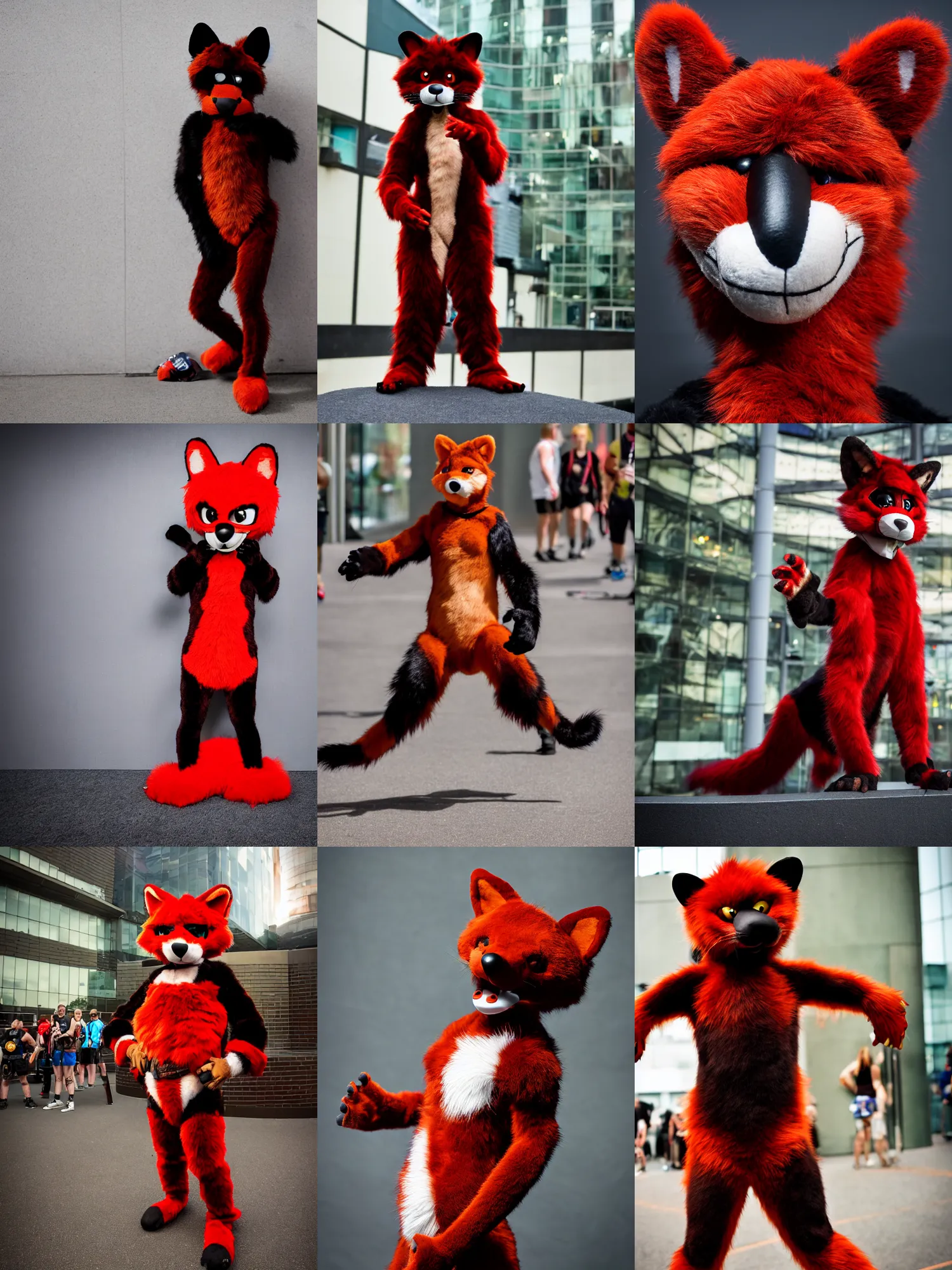 Image similar to photo of a fursuiter posing | | fullbody photoshoot photo portrait of a cute roguish male red - black furred weasel furry fursuiter ( tail attached ), key visual, taken at anthrocon ( furry convention )