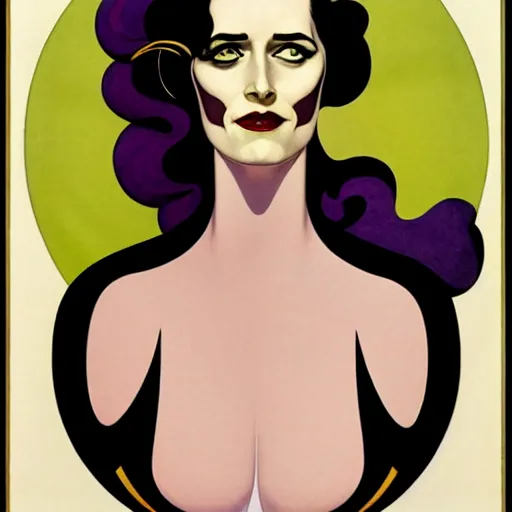 Prompt: Eva Green is Metamorpho, the Element Woman, Art by Coles Phillips and Joshua Middleton, Chalk white skin, deep purple hair, Green eyes, Orange background, Mucha, Portrait of the actress, Eva Green as Metamorpho, carbon black and antique gold