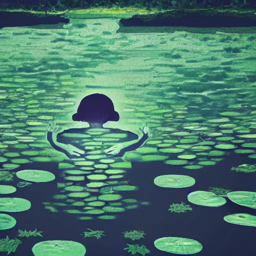 Image similar to A face submerged in shallow water surrounded by lily pads and other vegetation. The eyes are glowing and there is a hand reaching out towards you