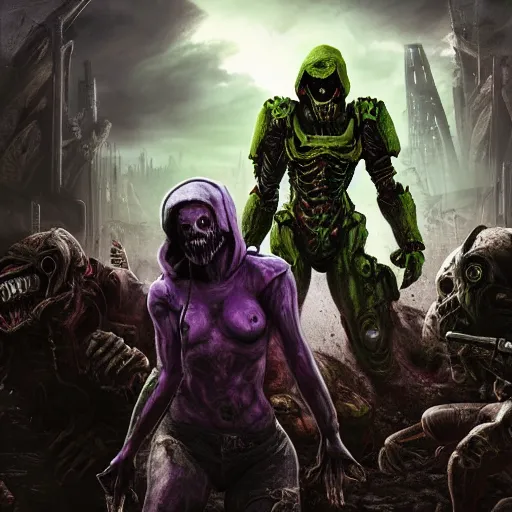 Image similar to apocalyptic world, doom game like look, female in hoodie in the middle, purple hair, shooting the monsters, 8 k, photorealistic, hyper realistic, full detail