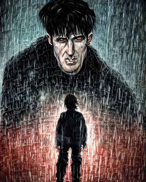 Prompt: An epic fantasy comic book style portrait painting of a very imposing Industrial goth Trent Reznor in the rain, wet hair, neon reflections, character design by Mark Ryden and Pixar and Hayao Miyazaki, still from Akira (1988), unreal 5, DAZ, hyperrealistic, octane render, cosplay, RPG portrait, dynamic lighting, intricate detail, cinematic