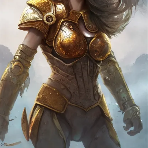 Image similar to portrait knights of Zodiac girl, golden and copper armor, in ruined Agora of Athens, ssci-fi, fantasy, intricate, very very beautiful, elegant, highly detailed, digital painting, artstation, concept art, smooth, sharp focus, illustration, art by tian zi and WLOP and artgerm