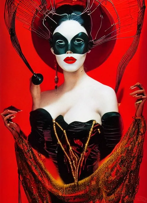 Prompt: an 8 0 s portrait of a woman with dark eye - shadow and red lips with dark slicked back hair, a mask made of wire and beads, dreaming acid - fueled hallucinations by serge lutens, rolf armstrong, delphin enjolras, peter elson, red cloth background