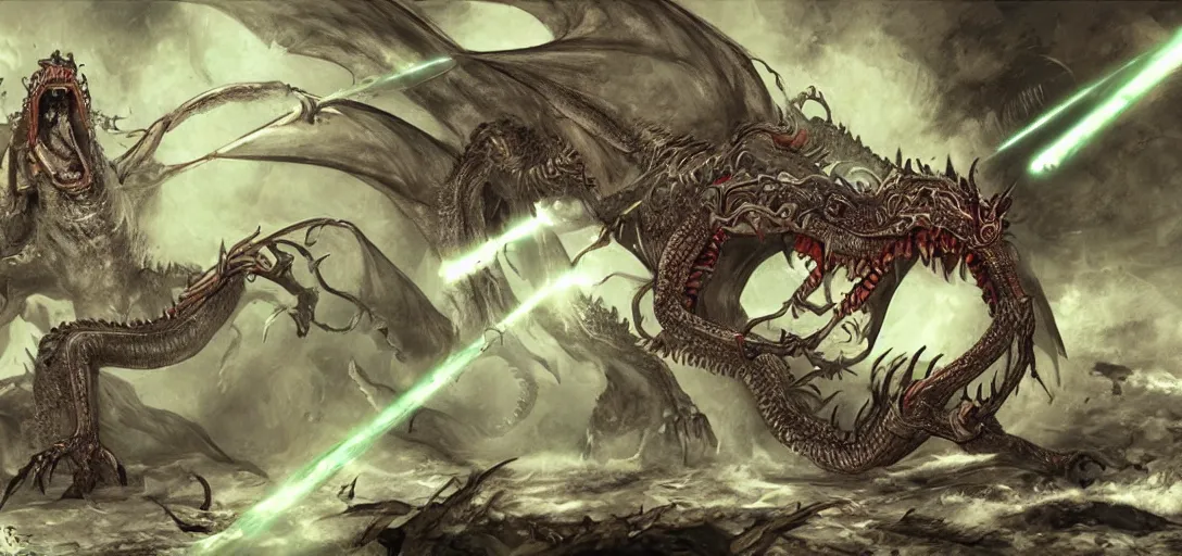 Image similar to concept art of dragon attack, lovecraftian, lots of teeth, melting horror, feathers, fighting the horrors of the unknown with laser guns