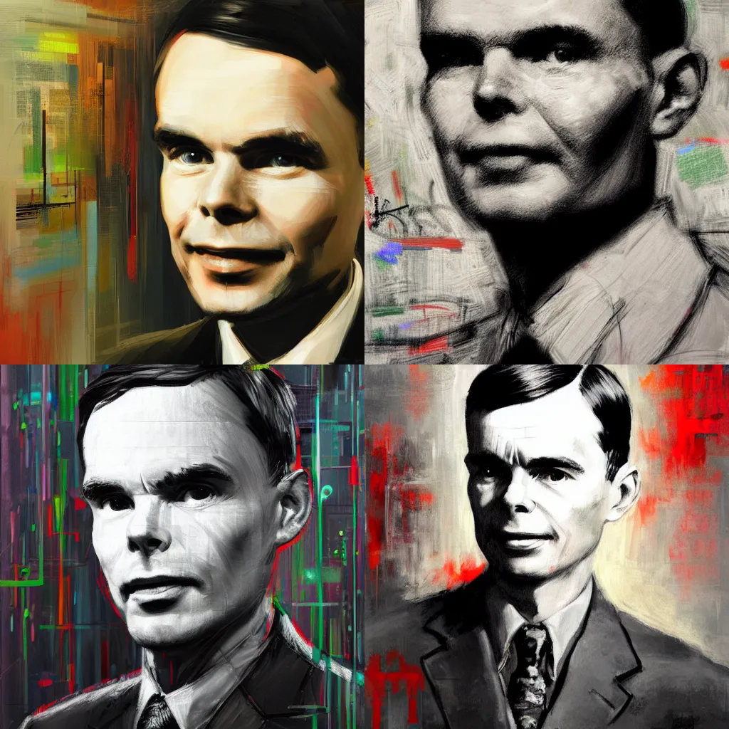 Prompt: A hyperdetailed digital oil portrait painting of Alan Turing in the style of Guy Denning and Ruan Jia. Trending on ArtStation and DeviantArt. Digital art.