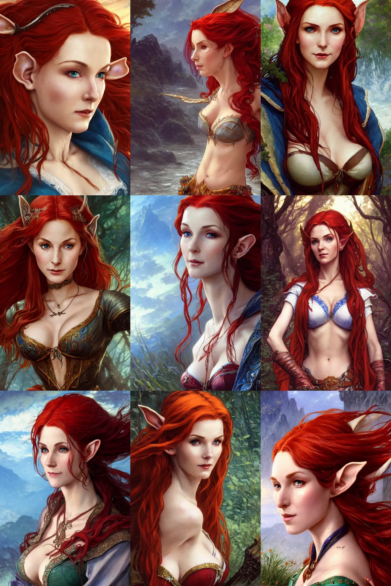 Prompt: alluring highly detailed closeup matte painting portrait of beautiful elf ( triss from witcher 3 ) with long ears flowing red hair wearing chesty fantasy outfit and a blue cloak, very detailed, realistic, manga, by stanley artgerm lau, greg rutkowski, thomas kindkade, alphonse mucha, loish, norman rockwell j.