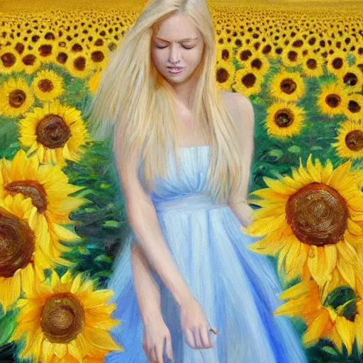 Image similar to a blonde babe slowly walking through amazing tall sunflower field, her blonde hair flowing down, subtle, intricate details, real masterpiece, oil on canvas, by somsak anong