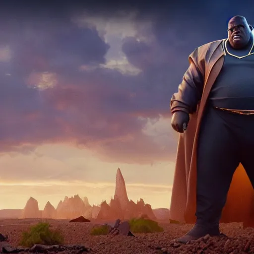 Image similar to Still of the Notorious BIG as Thanos in Avengers: Infinity War (2018), epic moment, trending on ArtStation