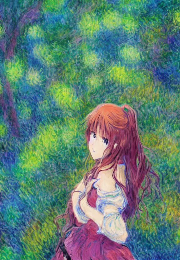 Image similar to wide angle painting of a teenage girl, a thrifty outfit, somewhat of an anime in impressionist style, fantasy forest background, trending artwork, illustrated in anime painter studio, by claude monet and an anime artist, collaboration