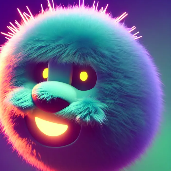 Image similar to high quality 3 d render hyperrealistic very cute big spherical creature smile emoji, whiskers, plush mascot, short spiky colorful dense fluffy smooth fur 1 cm long, psychedelic lighting, 1 5 0 mm, smooth background, artstation, elegant, ultra detailed, octane render