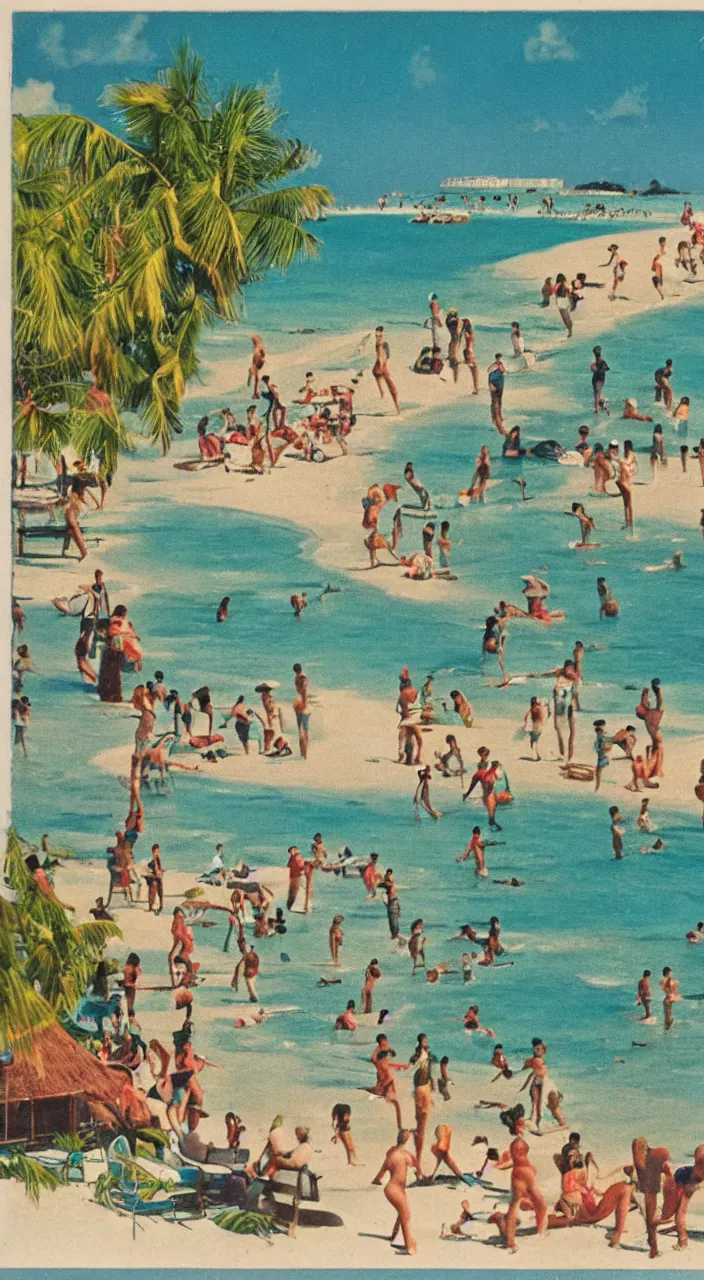 Prompt: a 1950s vacation pamphlet about a Caribbean beach,