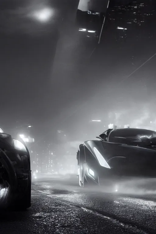 Image similar to the batmobile driving through gotham city at night. fluorescent light. pov from behind the wheel. octane render. 8 k. monochrome. black and white. mist. atmospheric. cinematic. hdr, raytracing, global illumination. a matte painting by ash thorp.