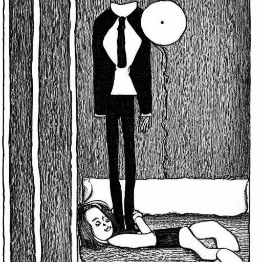 Image similar to “slenderman standing over a girl in a crib, style of Edward Gorey”