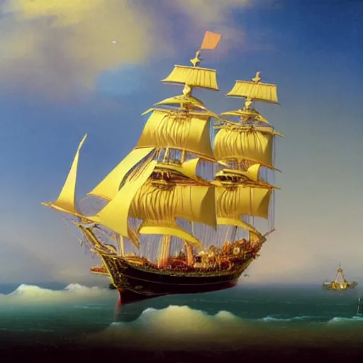 Image similar to Anime One Piece Ship, with golden Frame, made by Aivazovsky Ivan