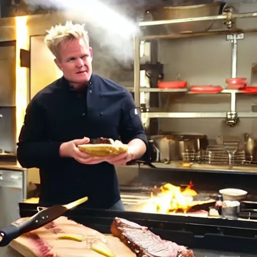 Prompt: Camcorder footage of Gordon Ramsey grilling a steak in the background, In the Backrooms (found footage)