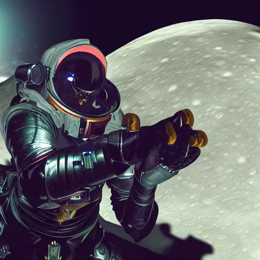 Image similar to destiny warlock with amazing and beautiful armor traveling on the moon 4 k photorealistic