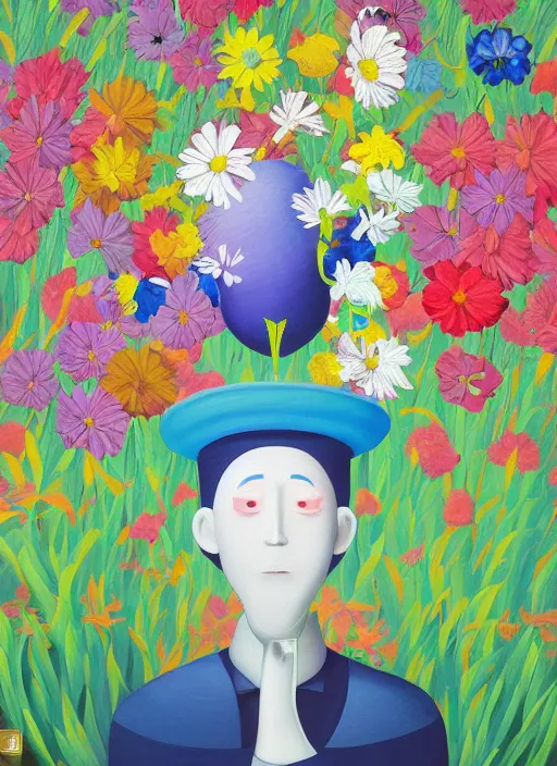 Image similar to a painting of a man with a strange hat on his head, a surrealist painting by Chiho Aoshima, behance contest winner, metaphysical painting, made of flowers, oil on canvas, detailed painting,