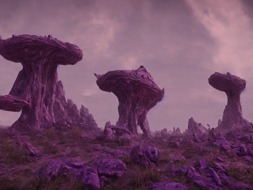 Image similar to a grotesque alien landscape, purple sky and weird alien structures, cinematic, unreal engine 5