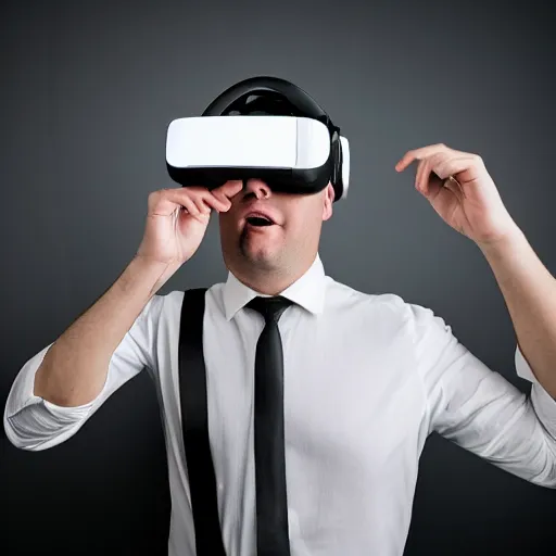 Image similar to clean - shaven chubby white man wearing white dress shirt, necktie, and black dress pants wearing a vr headset. he look mesmerized. iq 4, f / 1. 4, iso 2 0 0, 1 / 1 6 0 s, 8 k, raw, dramatic lighting, symmetrical balance, in - frame