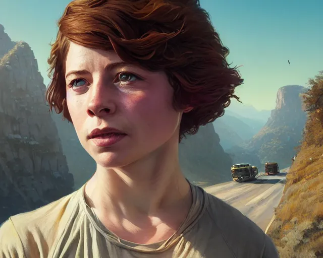 Image similar to highly detailed portrait of jessie buckley, in gta v, stephen bliss, unreal engine, fantasy art by greg rutkowski, loish, rhads, ferdinand knab, makoto shinkai and lois van baarle, ilya kuvshinov, rossdraws, tom bagshaw, global illumination, radiant light, detailed and intricate environment