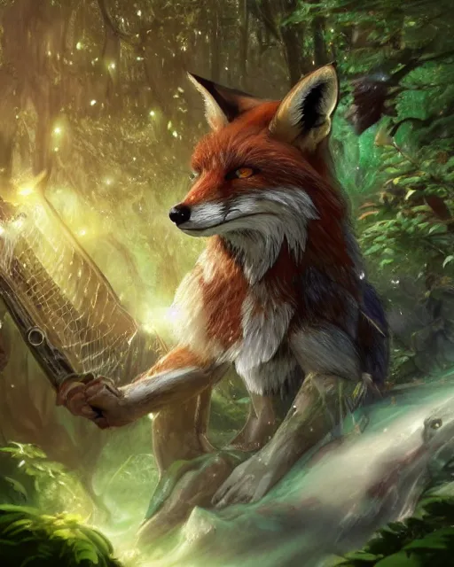 Image similar to Fox, Anthropomorphized, playing harp in magical green forest, D&D, fantasy, cinematic lighting, centered, symmetrical, highly detailed, digital painting, artstation, concept art, smooth, sharp focus, illustration, magic the gathering artwork, volumetric lighting, epic Composition, 8k, art by Akihiko Yoshida and Greg Rutkowski and Craig Mullins, heroic pose, oil painting, cgsociety