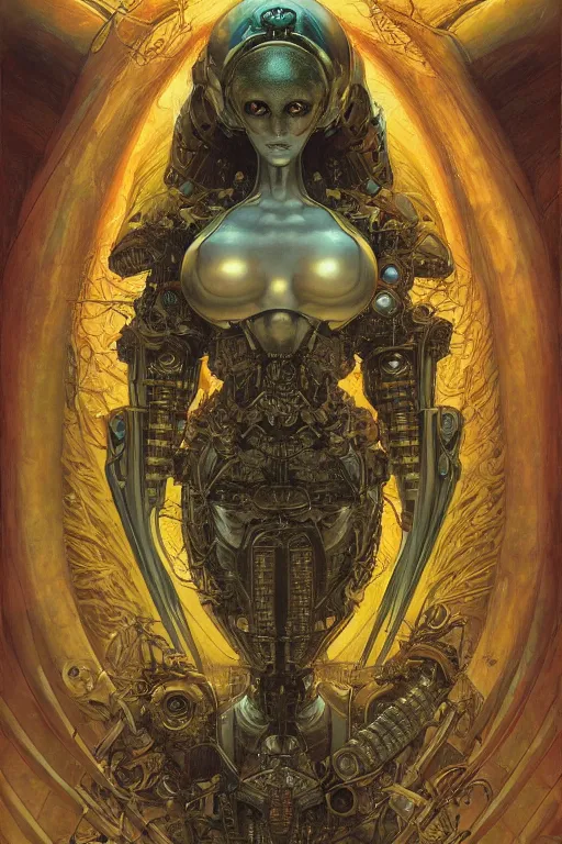 Prompt: portrait of mad alien robot queen, symmetrical, by yoichi hatakenaka, juan gimenez, brom, karol bak, alphone mucha, gustave dore