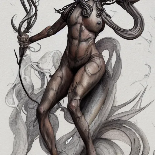 Image similar to full body sketch of a beautiful young medusa, perfect anatomy, full body, watercolor background, pencil art, ink and pencil, hyperrealistic, hyperdetailled, digital art, greg rutkowski, artstation, 8 k, beautiful drawing, paper texture, spray paint, watercolors