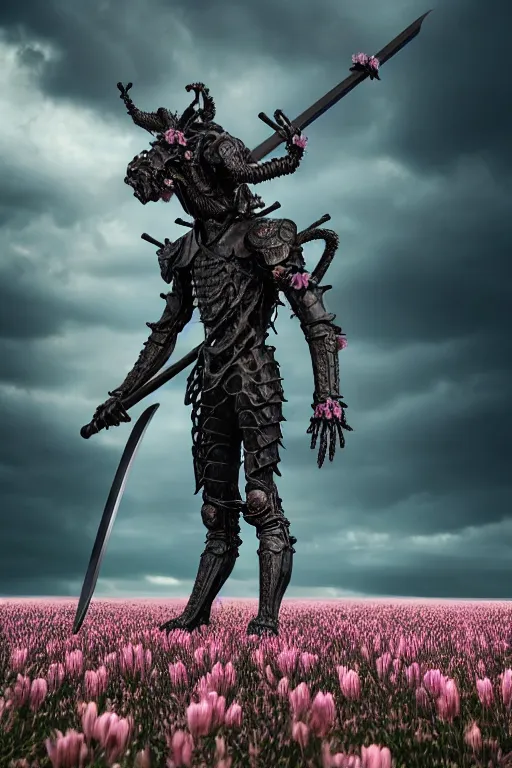 Image similar to hyperrealistic neo - gothic giant human gargoyle hybrid, exoskeleton armor, holding katana, field of pink flowers, highly detailed digital art masterpiece, vitaly bulgarov dramatic dark teal light, ground angle hd 8 k, sharp focus