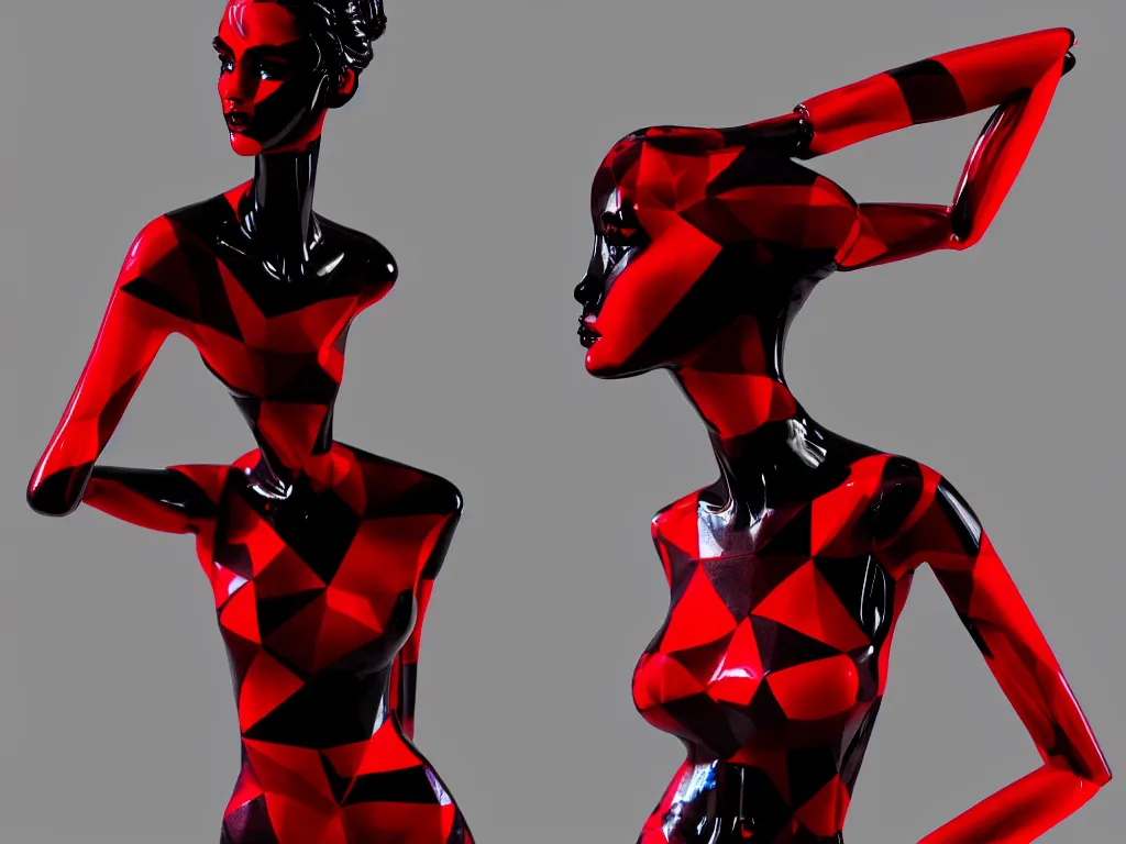 Image similar to a beautiful red and black 3 d geometrically printed mannequin in the style of james jean, chrome orchids dripping black iridescent liquid, winged victory, moody, dramatic, introspective, 4 k, trending on artstation, photorealistic, volumetric lighting, octane render