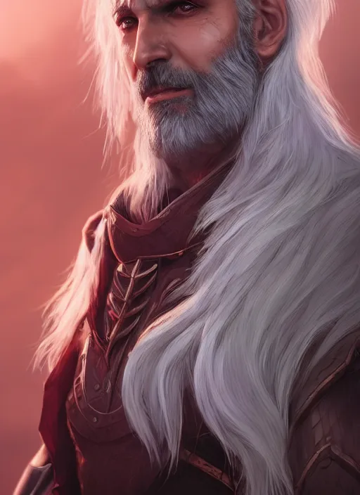 Image similar to An epic fantasy comic book style portrait painting of a Aasimar hexblade Warlock with white hair, scruffy beard, unreal 5, DAZ, hyperrealistic, octane render, cosplay, RPG portrait, dynamic lighting