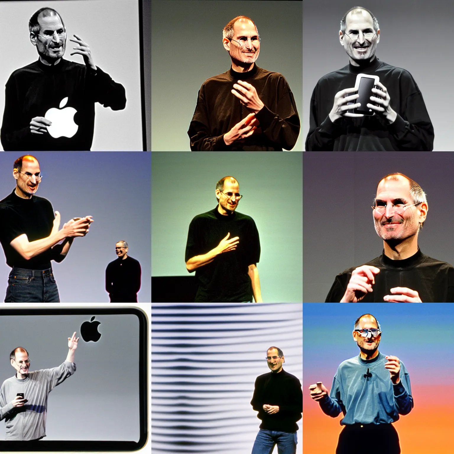 Prompt: happy steve jobs introducing a brand new apple product, on stage, 3 5 mm,