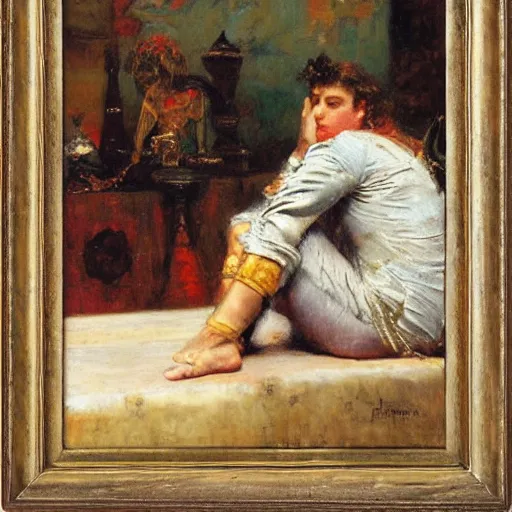 Image similar to portrait of silver knight resting his legs on a table, by gaston bussiere