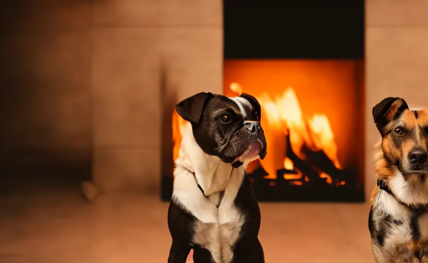 Image similar to studio photography of a dog in front of a fireplace, detailed face, cinematic lighting, 8 k